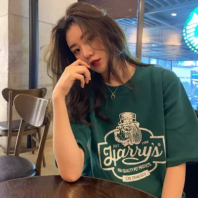 2024 Green Letter Print Women T-Shirt Loose Fit Korean Style