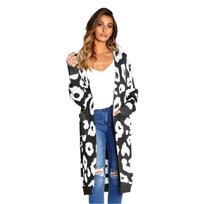Women's Leopard Print Knitted Cardigan Jacket Brown Loose Long
