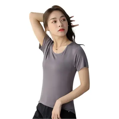 Women Grey Round Neck T-Shirt Summer Slim Fit 2025