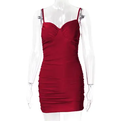 2024 Women's Ruched Bodycon Dress Low Cut Strap V-Neck