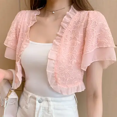 Pink Lace Chiffon Shawl for Women Summer Wear