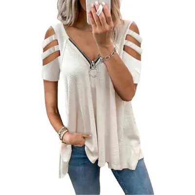 Women's V-Neck Waffle Zipper T-Shirt Maroon Large