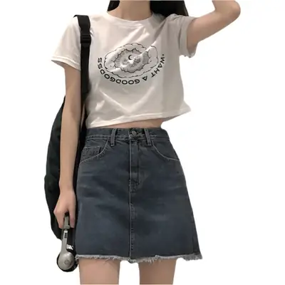 Women Printed Short Sleeve T-Shirt White Denim Shorts Set