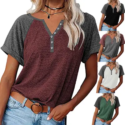 2025 Women Green V-Neck T-Shirt Plus Size