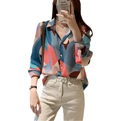 Women Korean Printed Chiffon Shirt Long Sleeve Blue Pink