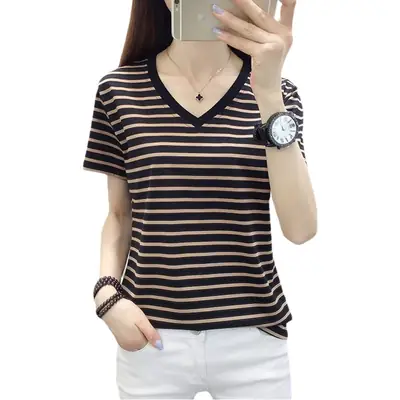 Women Striped V-Neck T-Shirt Plus Size Cotton Summer