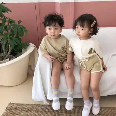 Korean Kids Short Sleeve T-Shirt Suit Beige