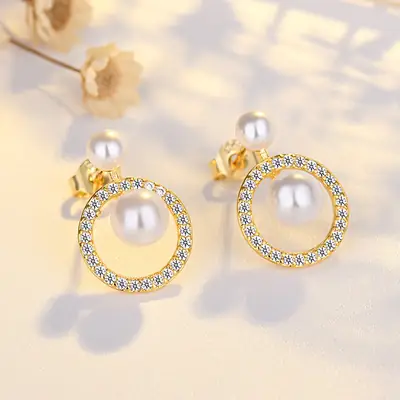 Round Pearl Earrings with Crystal Accents