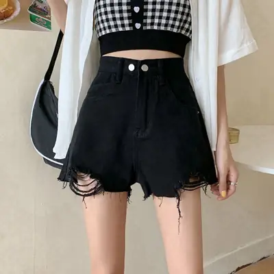 Women Blue Ripped Denim Shorts High Waist 2021