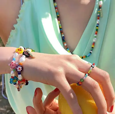 Korean Dongdaemun Rainbow Beaded Necklace Bracelet Ring Set