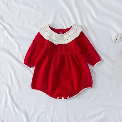 Red Knitted Infant Jumpsuit with Button Collar