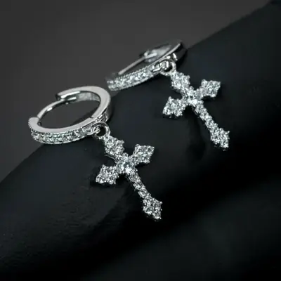 Cao Shi Cross Earrings Zircon Silver Male Women
