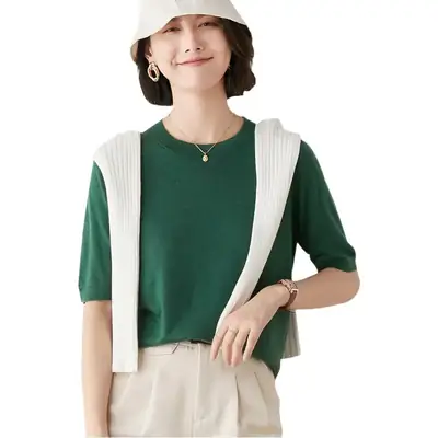 Women 5-Quarter Sleeve T-Shirt Olive Green Loose Fit