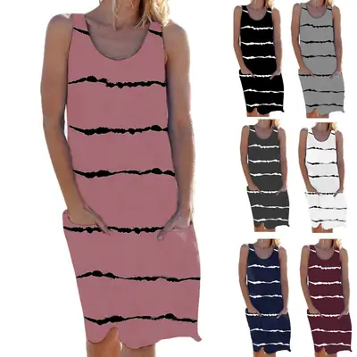 2022 Women's Maroon Striped Sleeveless Dress