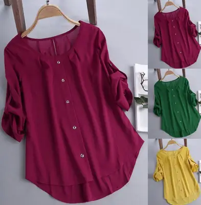 Women Black Pleated Button Sleeve Shirt Loose Chiffon