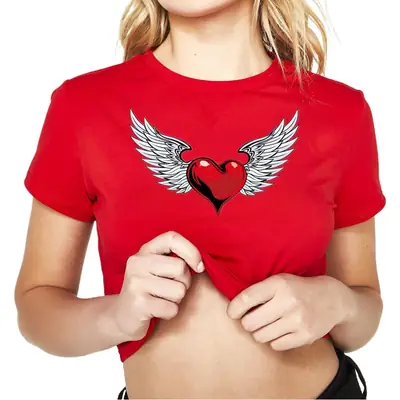 Women Black Wings Heart Printed T-Shirt Short Sleeve