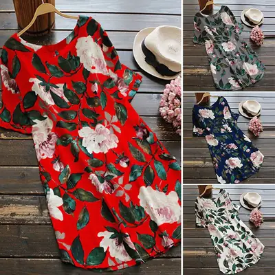 2025 New Aliexpress Round Neck Sweet Loose Short Sleeve Dress