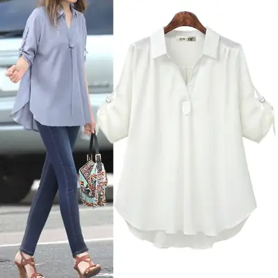 Light Blue Loose Fit Mid Sleeve Shirt for Women Large