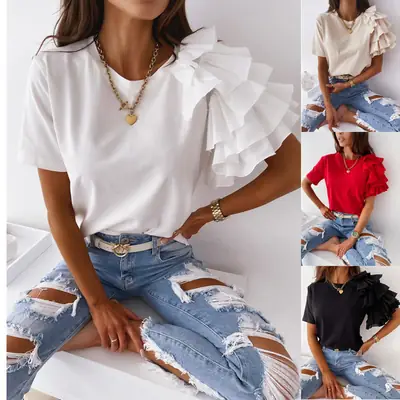 Women Ruffled Red T-Shirt Round Neck Short Sleeve 2021