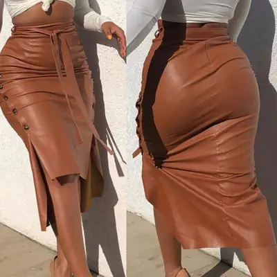 Women's Maroon PU Leather Hip Skirt Split Slim Fit