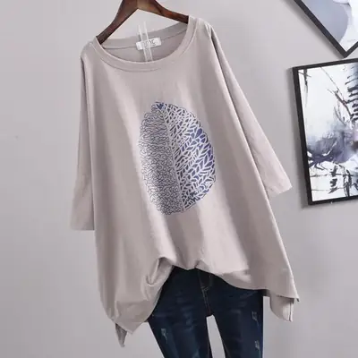 100kg Plus Size Women Blue Leaf Print T-Shirt