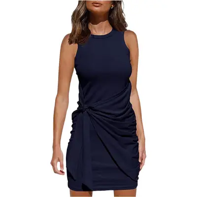 Sleeveless Pleated Bow Belt Dress Maroon