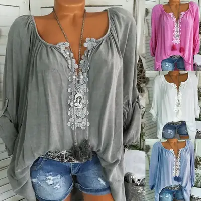 2024 Spring V Neck Lace Spliced Sleeve Shirt Women
