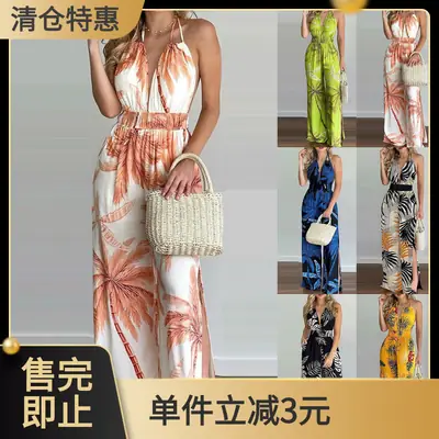 Women's Blue Floral Backless Lace-Up Jumpsuit with Straw Bag
