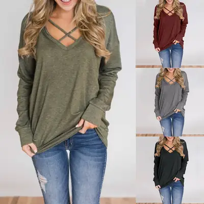 Women V-Neck Long Sleeve T-Shirt Grey