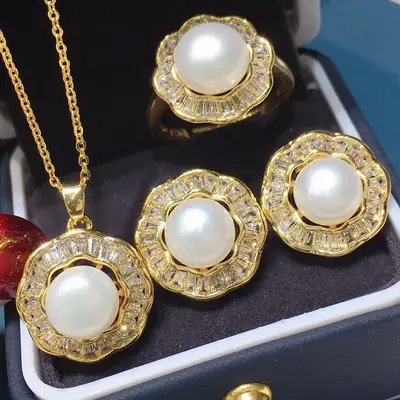 Freshwater Pearl Necklace Set 8-9mm 18K Full Zircon