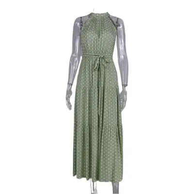 Green Printed Belted Sleeveless Gown Dress for Women