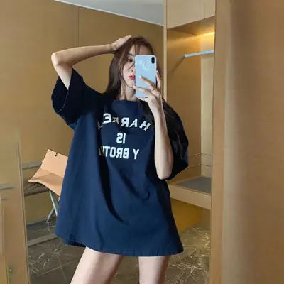 Harajuku Style Letter T-Shirt Women 2025 Gray Loose Sleeve