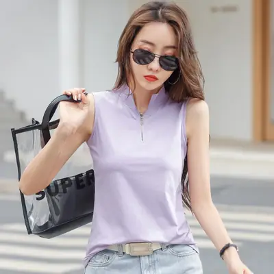 Women White Zipper T-shirt Summer Top Slim Fit Cotton