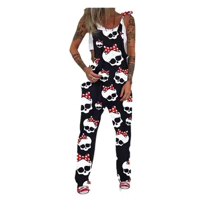 Black Daisy Print Plus Size Jumpsuit with Skull Head Design