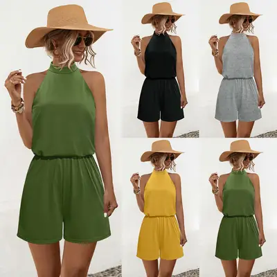 2021 Halter Off-Shoulder Button Jumpsuit Shorts Set