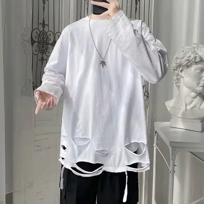 Black Ripped Long Sleeve T-Shirt for Men Teenagers