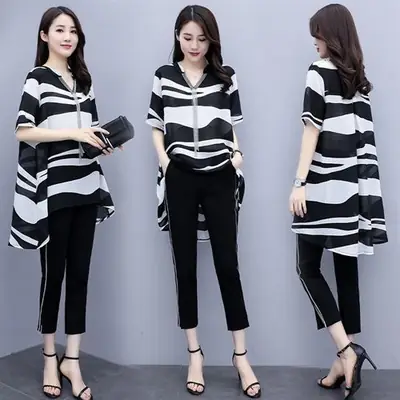 Women's 2-Piece Summer Top & Leg Pants Set Black White