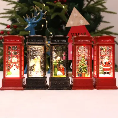 Christmas LED Telephone Booth Decor Set Red Santa Claus