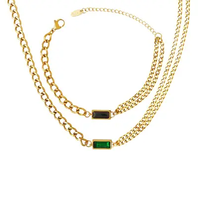 Titanium Steel Double Chain Bracelet with Green Zircon
