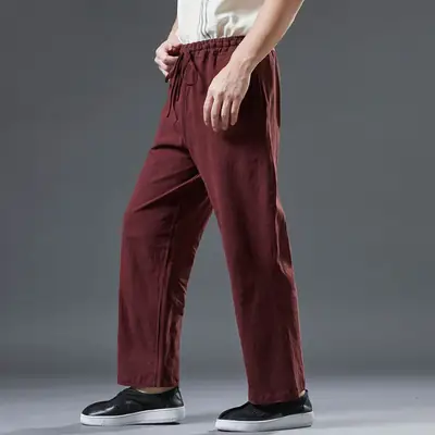 Ma Fan Linen Straight Leg Pants Maroon Mid Waist