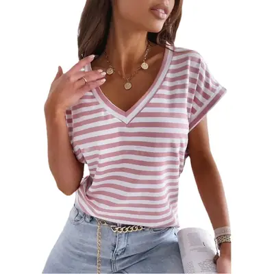 Women Striped V-Neck T-Shirt Summer Short Sleeve