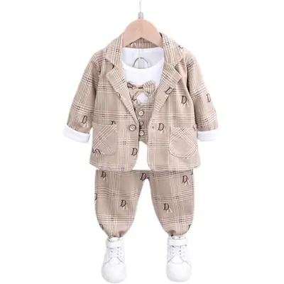 2021 Boys' Printed Cotton Suit Three-Piece Set Beige
