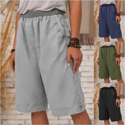 2021 Blue Cotton Linen Shorts Cross-border Women Casual Straight Leg