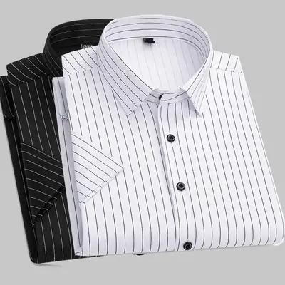Men Cotton Striped Shirt Light Blue Square Neck