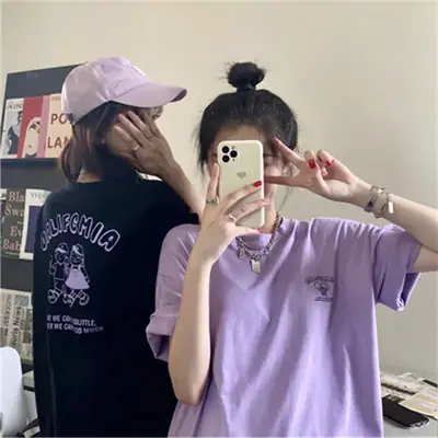 Women Summer T-Shirt Purple Letter Print Loose Fit