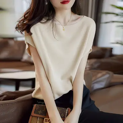 Ice Silk Batwing Sleeve T-Shirt Light Blue 2024