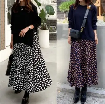 Long-sleeved printed skirt dress large size black pattern
