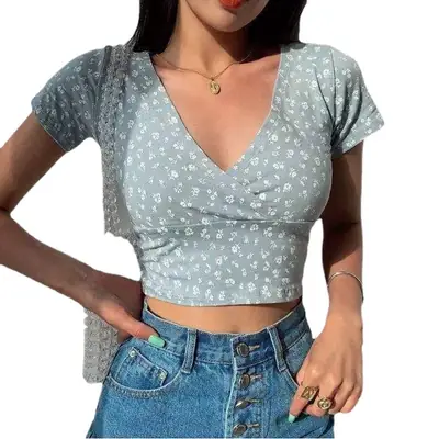 2025 Floral Short Crop Top for Women Summer Slim Fit V-Neck