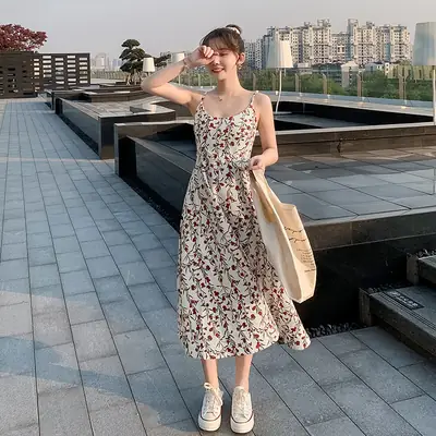 Women Floral Spaghetti Strap Dress 2026 Long Waist Slimming