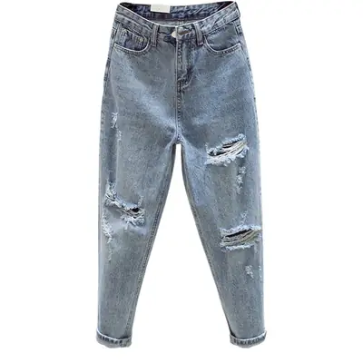Women Ripped Light Blue Jeans Spring Summer High Waist